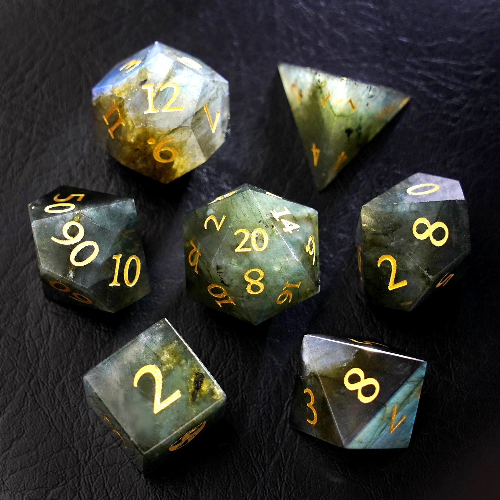 DragonStone Logo D&D Labradorite Engraved Gemstone Dice Set - DragonStone