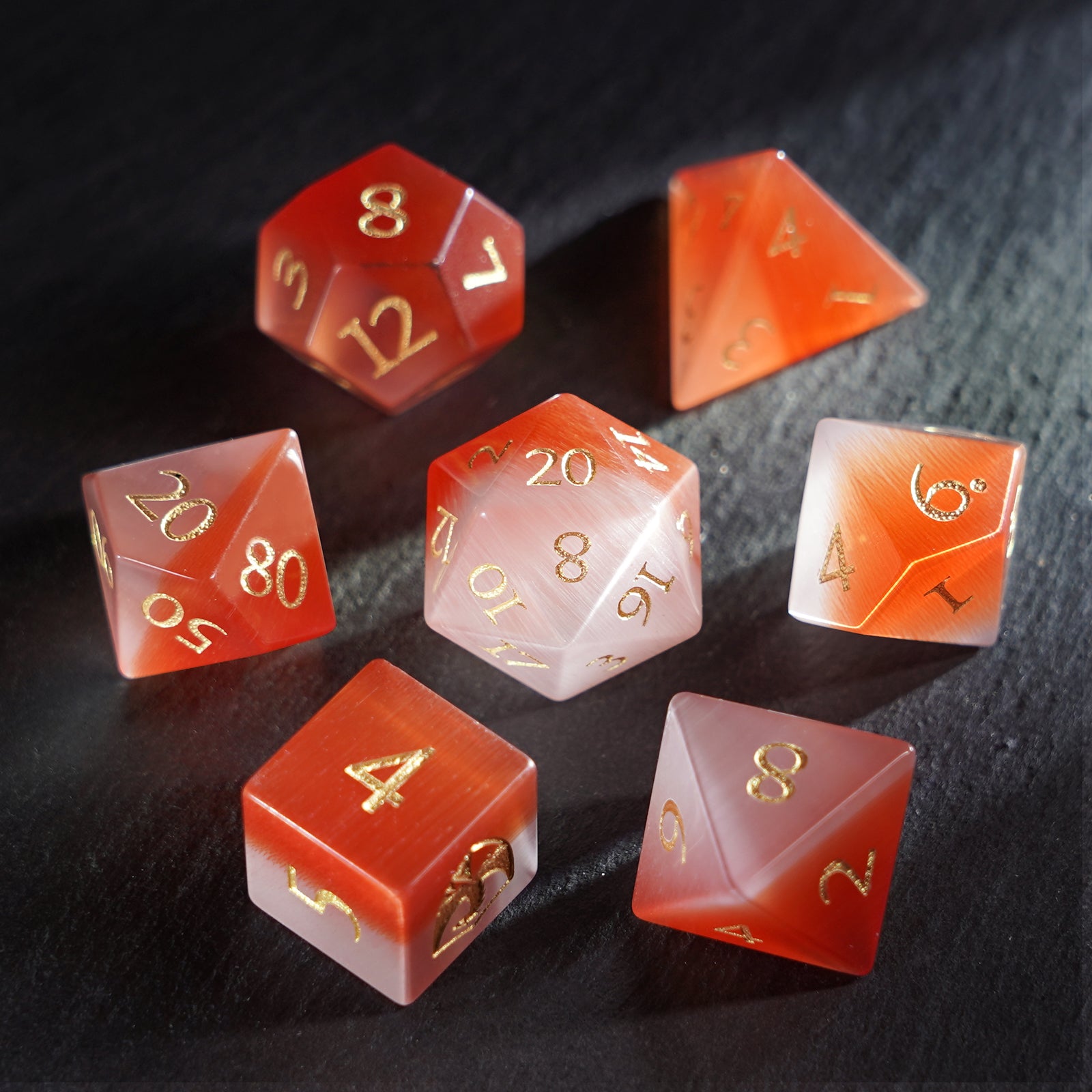 DragonStone Logo D&D Red and White Cat's Eye Dice Set - DragonStone