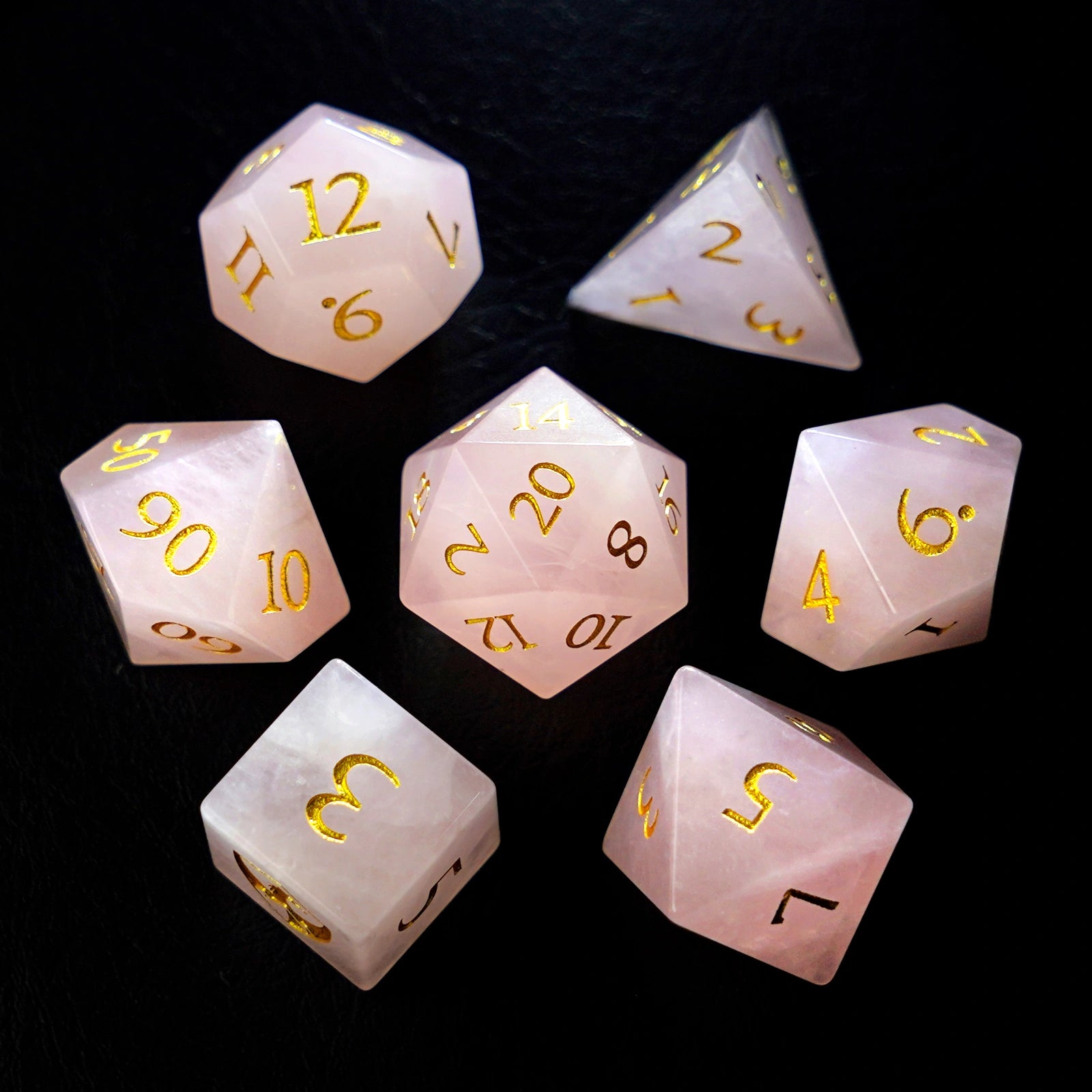 DragonStone Logo D&D Rose Quartz Engraved Gemstone Dice Set - DragonStone