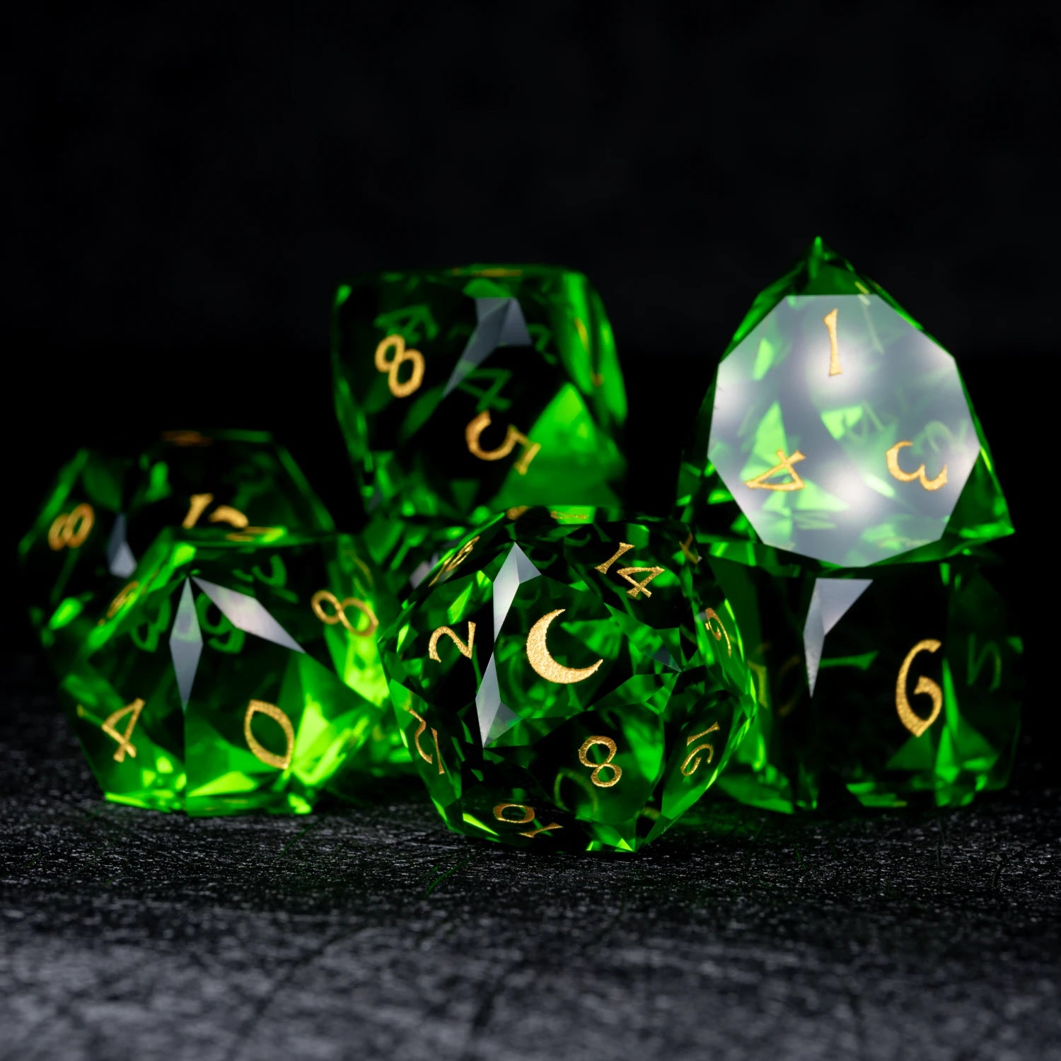 Green Multi-faceted Prism Glass Engraved Dice Set - DragonStone