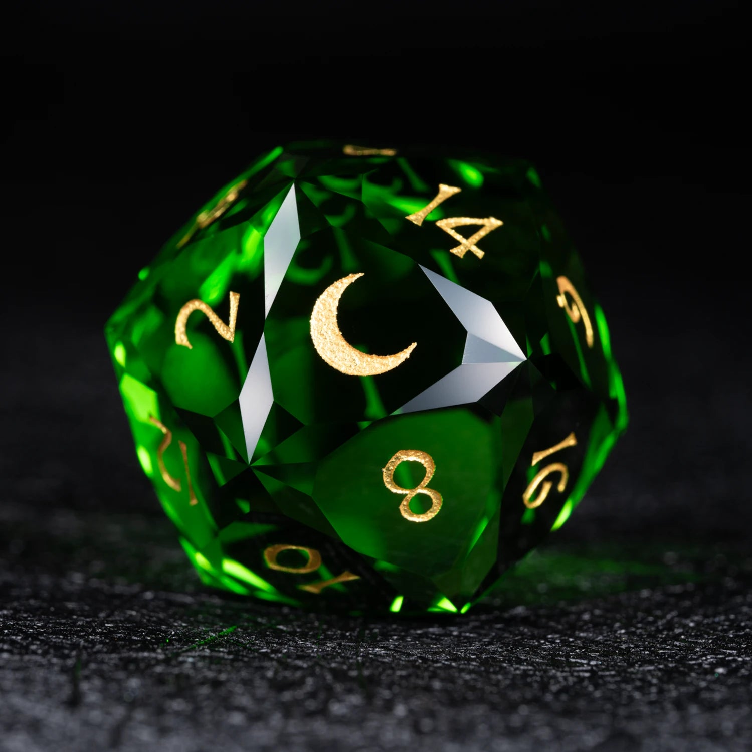 Green Multi-faceted Prism Glass Engraved Dice Set - DragonStone