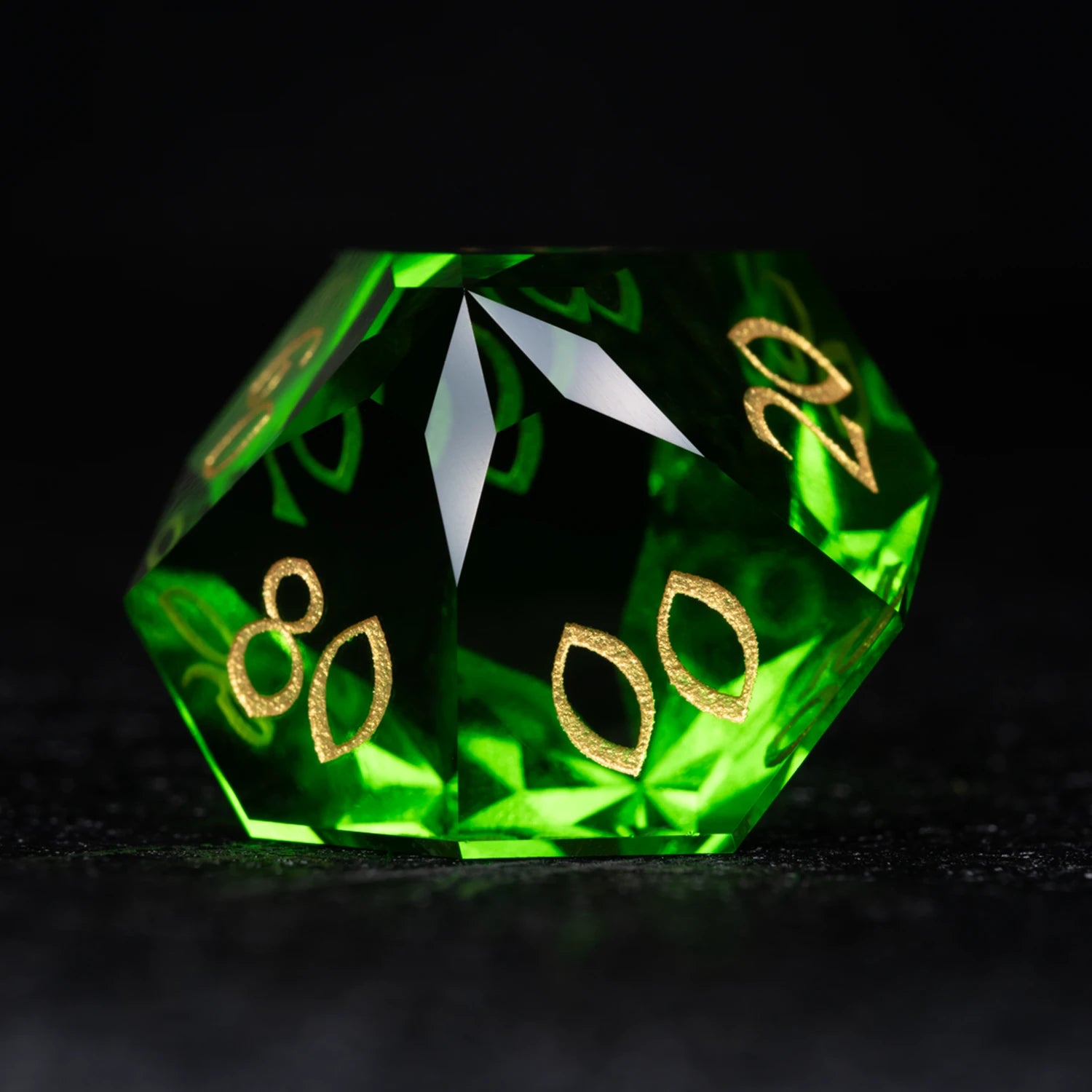 Green Multi-faceted Prism Glass Engraved Dice Set - DragonStone