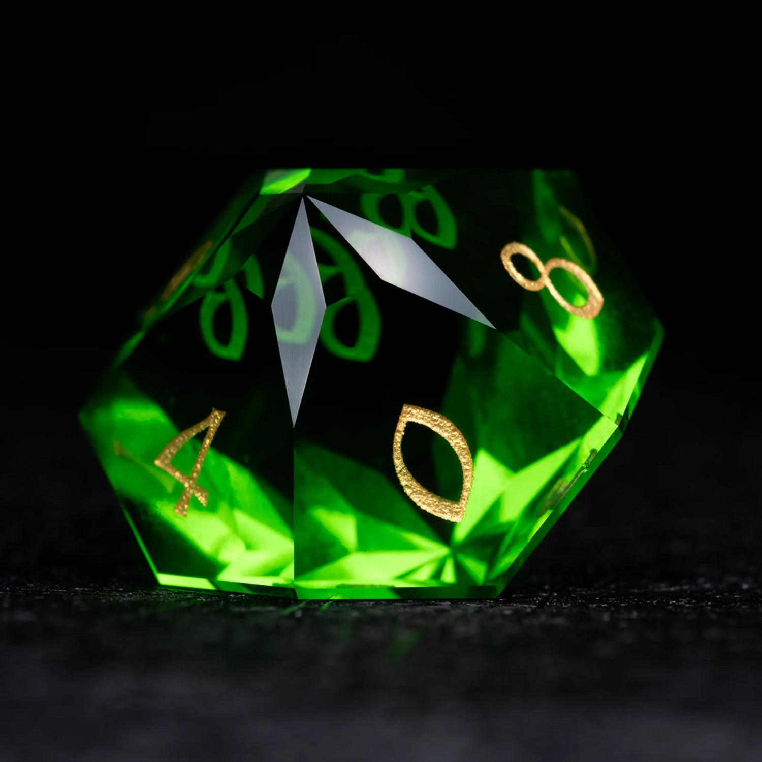 Green Multi-faceted Prism Glass Engraved Dice Set - DragonStone