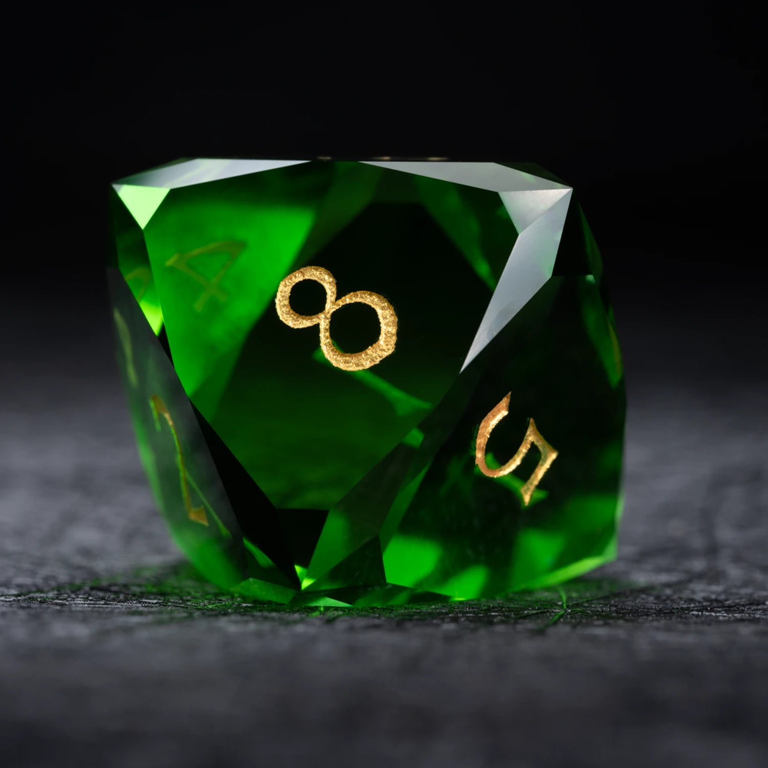 Green Multi-faceted Prism Glass Engraved Dice Set - DragonStone
