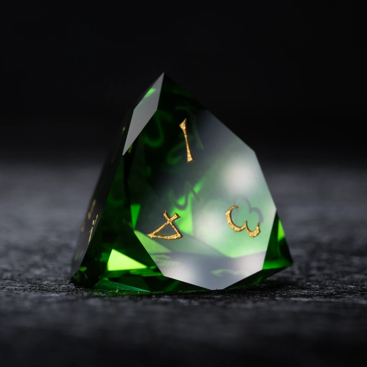 Green Multi-faceted Prism Glass Engraved Dice Set - DragonStone