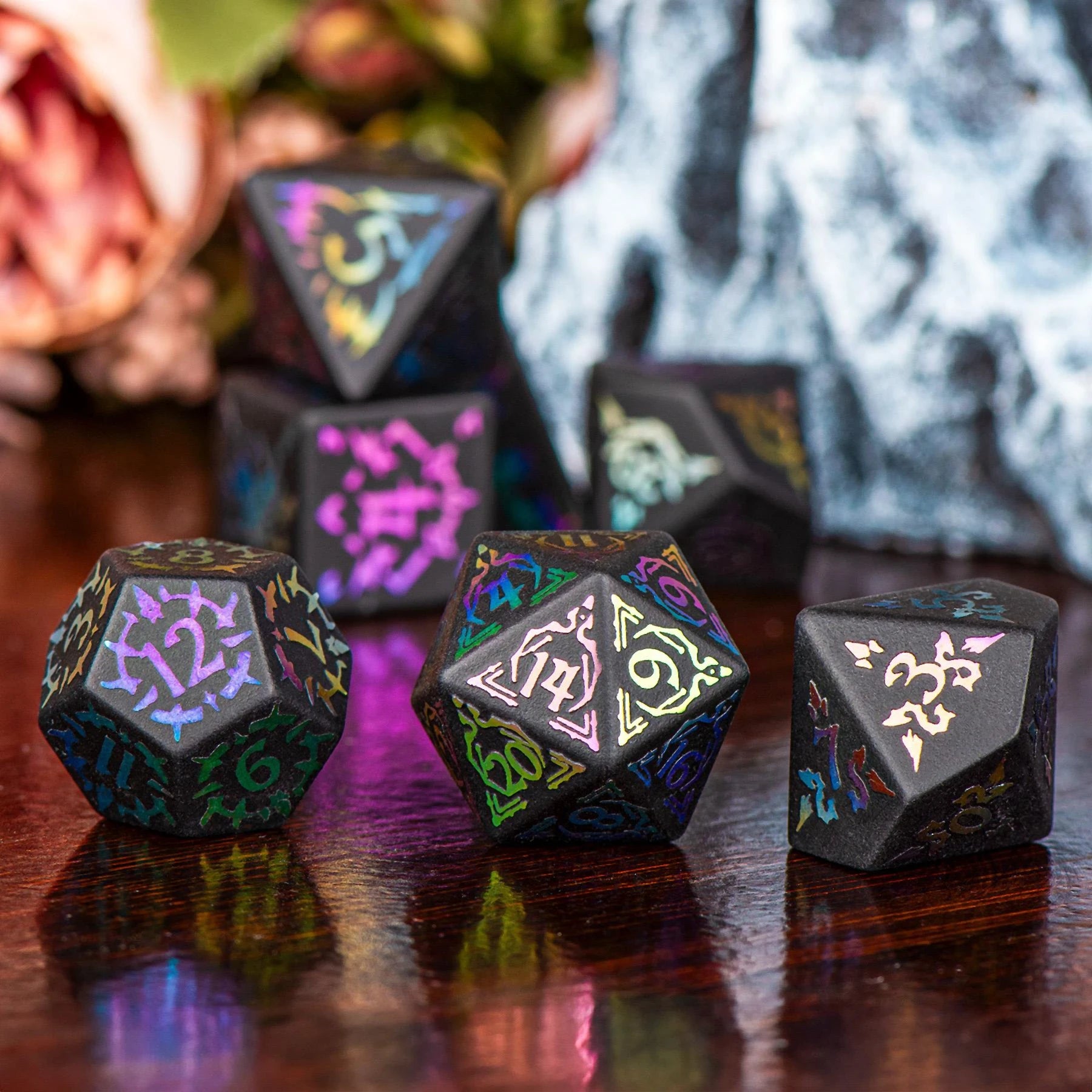 Guardian Electroplated Obsidian Gemstone Engraved Dice Set