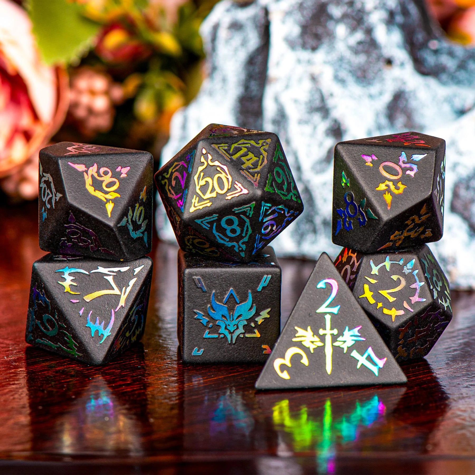 Guardian Electroplated Obsidian Gemstone Engraved Dice Set