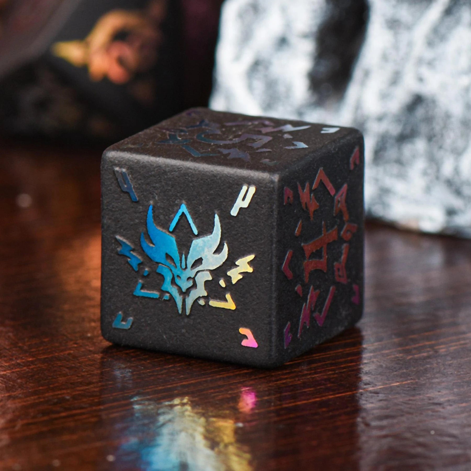 Guardian Electroplated Obsidian Gemstone Engraved Dice Set