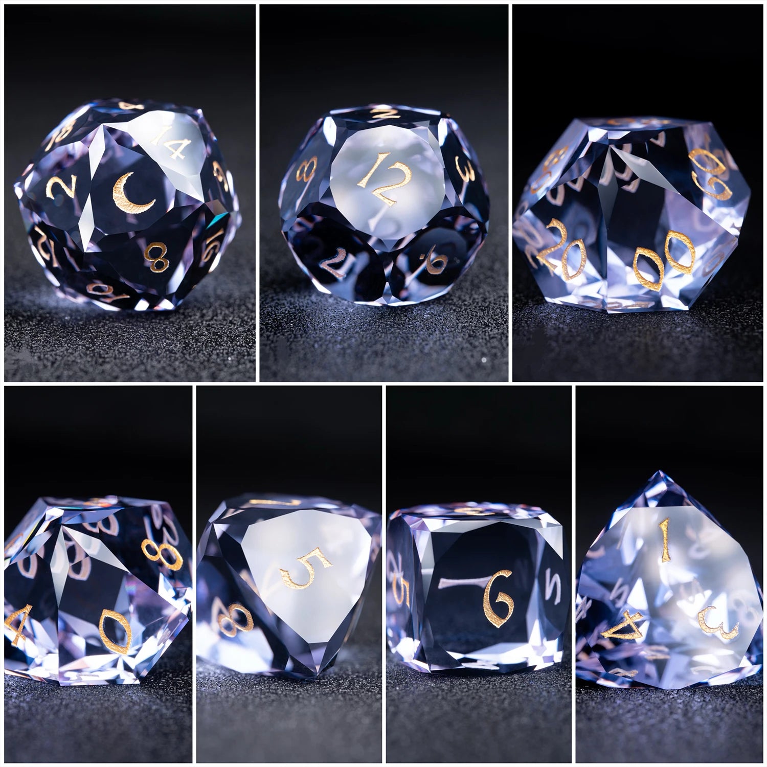 Lavender Moon symbol Multi-faceted Prism Glass Engraved Dice Set - DragonStone