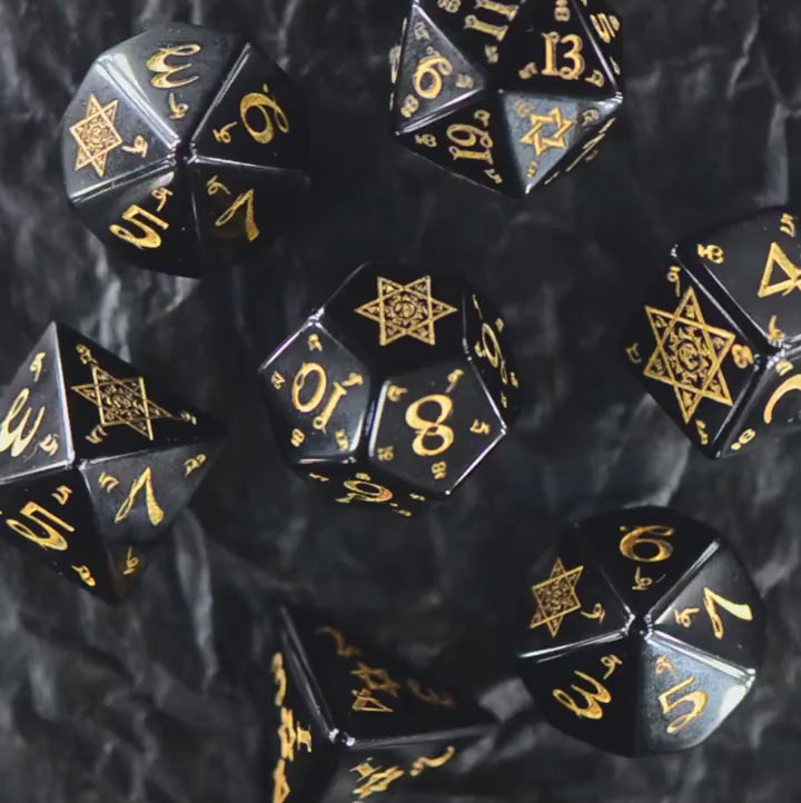 Load video: Sanskrit Magic Obsidian Engraved Gemstone Dice Set
