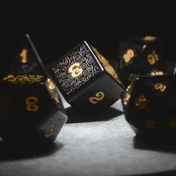 Load video: Kishar-Lin Obsidian Engraved Gemstone Dice Set