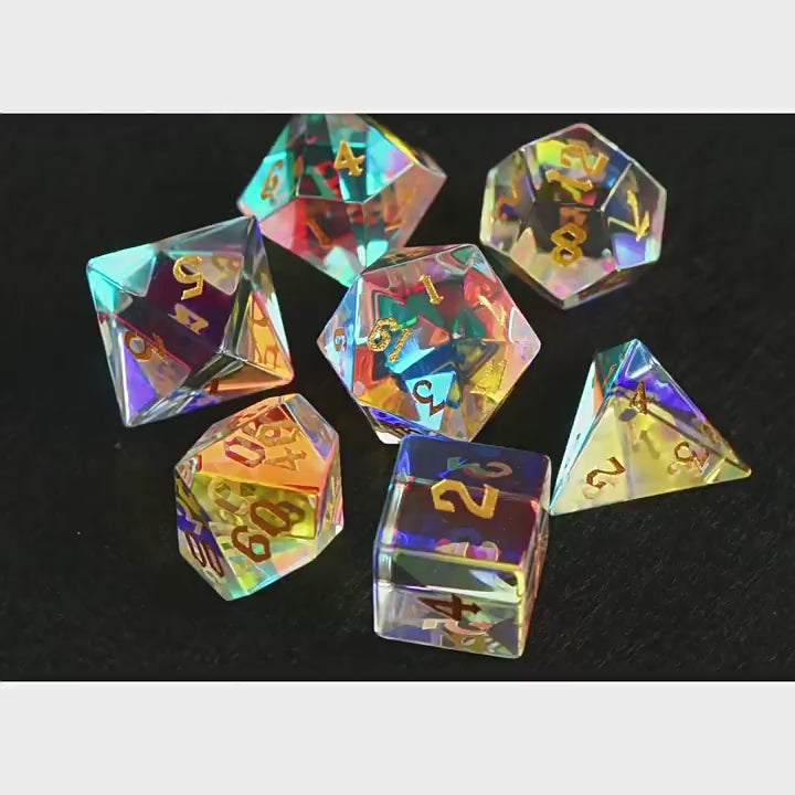 Load video: Golden Sand Engraved Dichroic Prism Glass Dice Set