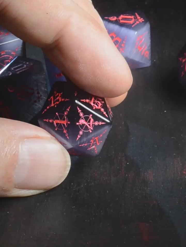 Load video: Moon Magic Cat's Eye Engraved Gemstone Dice Set