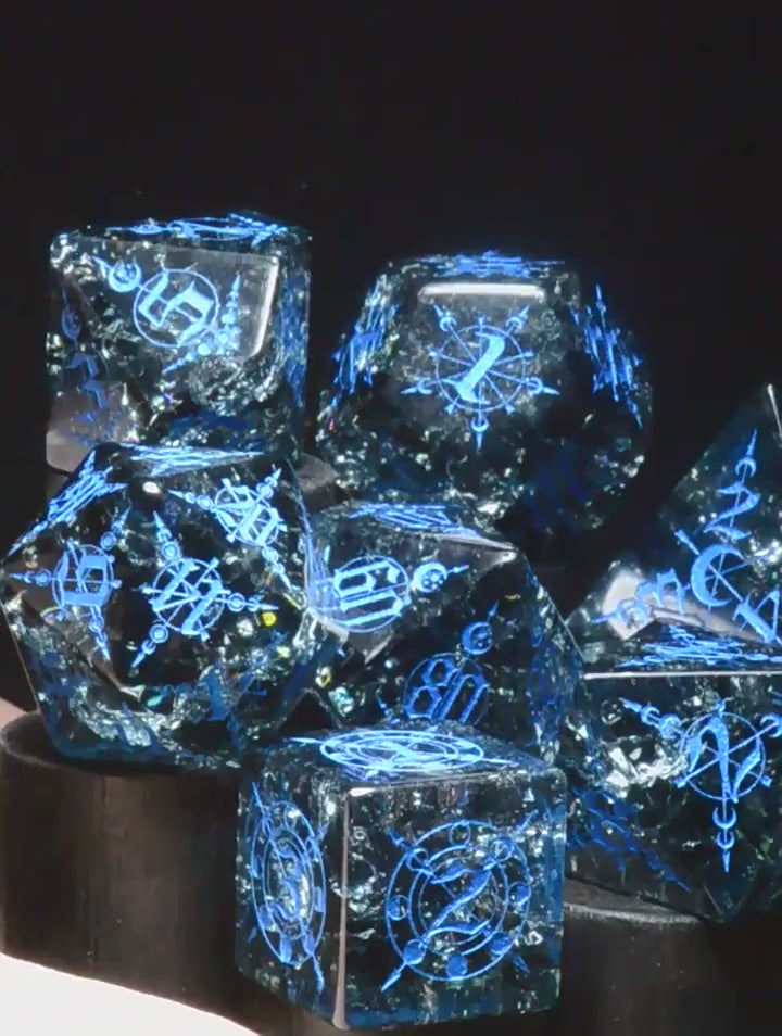 Load video: Magic Mark Dark Gray Cracked Engraved Glass Dice Set