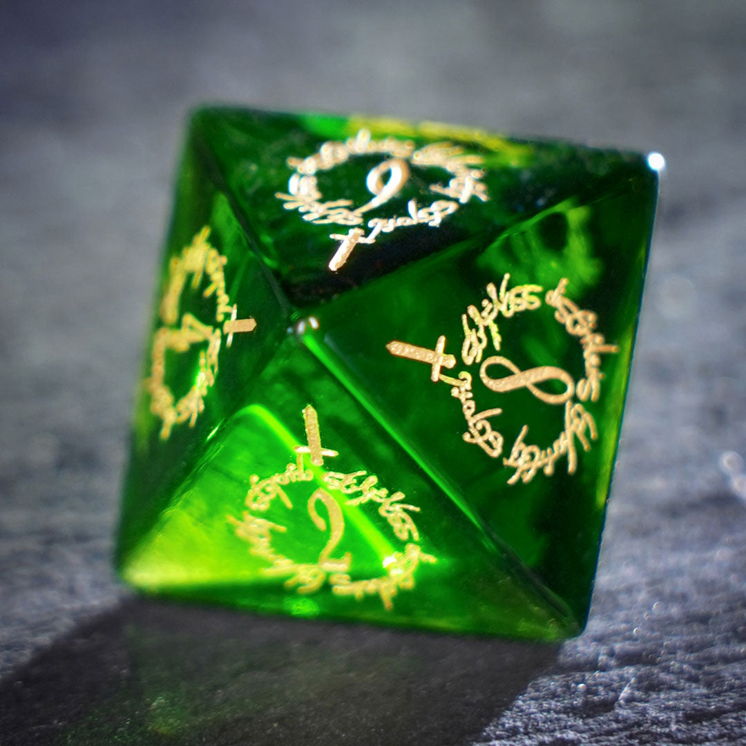 Verdant Trickster · Apple Green Crystal Gemstone Dice Set