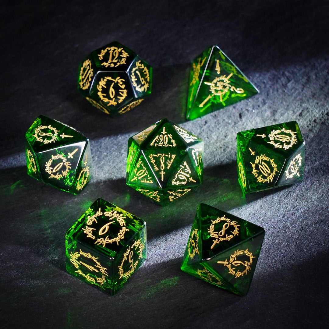 Verdant Trickster · Apple Green Crystal Gemstone Dice Set
