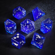 Aurora’s Midnight Watch · Royal Blue Cat’s Eye Engraved Gemstone Dice Set