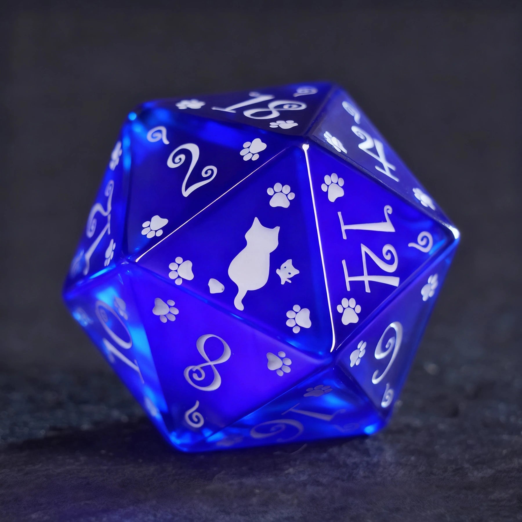 Aurora’s Midnight Watch · Royal Blue Cat’s Eye Engraved Gemstone Dice Set