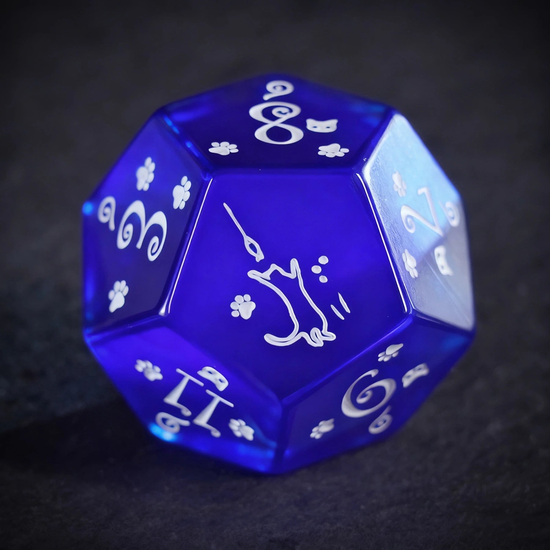 Aurora’s Midnight Watch · Royal Blue Cat’s Eye Engraved Gemstone Dice Set