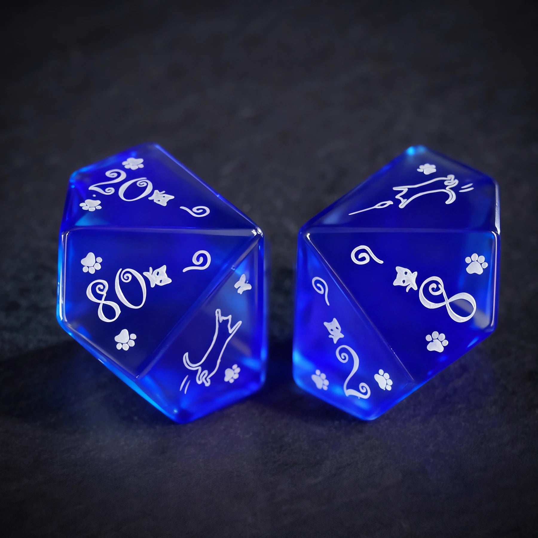 Aurora’s Midnight Watch · Royal Blue Cat’s Eye Engraved Gemstone Dice Set