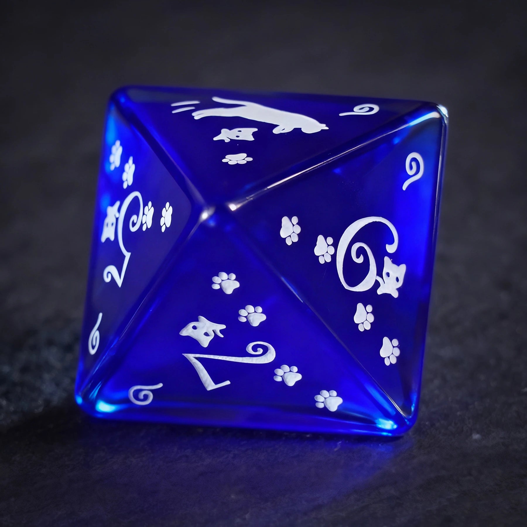 Aurora’s Midnight Watch · Royal Blue Cat’s Eye Engraved Gemstone Dice Set
