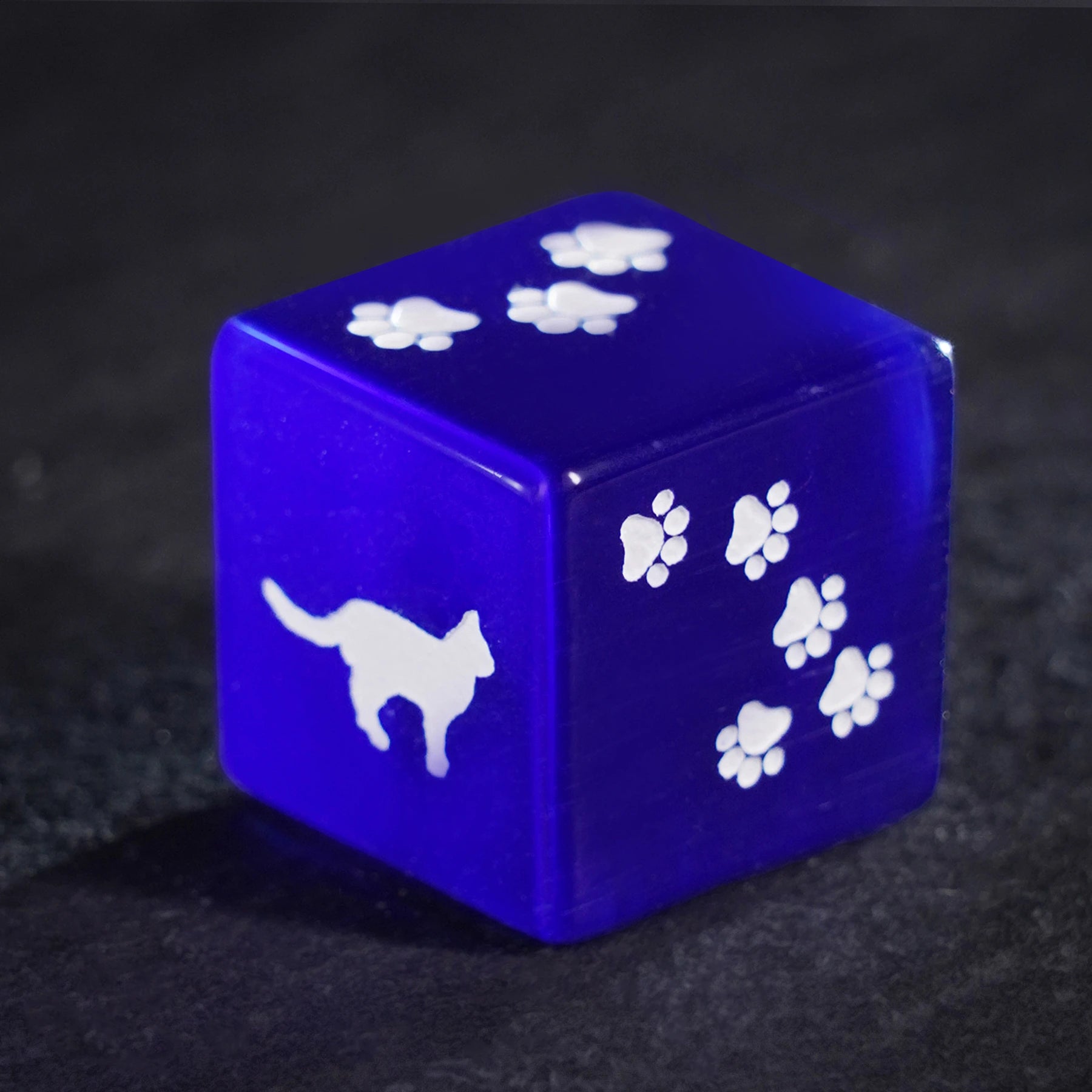 Aurora’s Midnight Watch · Royal Blue Cat’s Eye Engraved Gemstone Dice Set