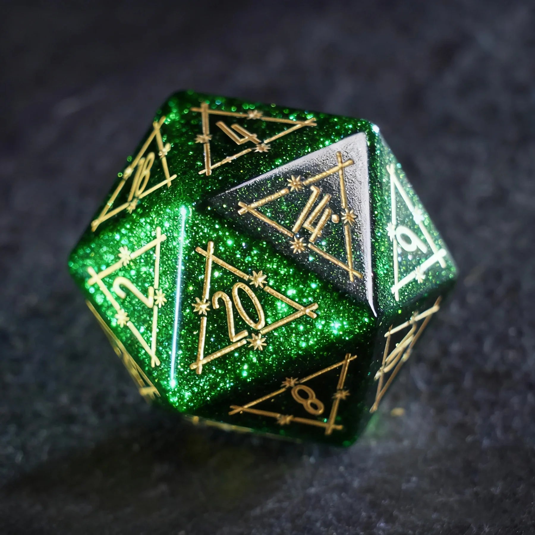 Celestial Palace · Emerald Dominion Green Goldstone Engraved Gemstone Dice Set