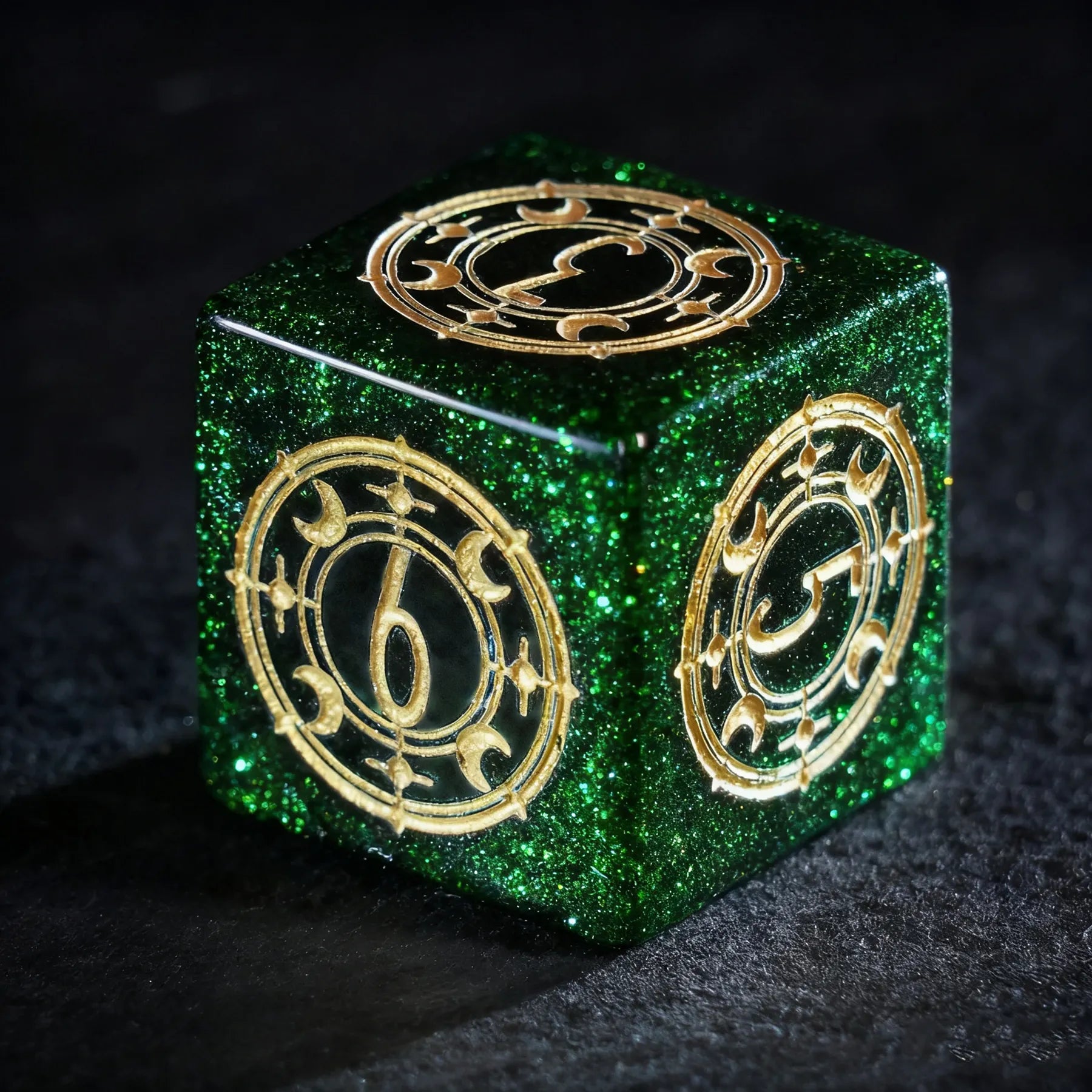 Celestial Palace · Emerald Dominion Green Goldstone Engraved Gemstone Dice Set