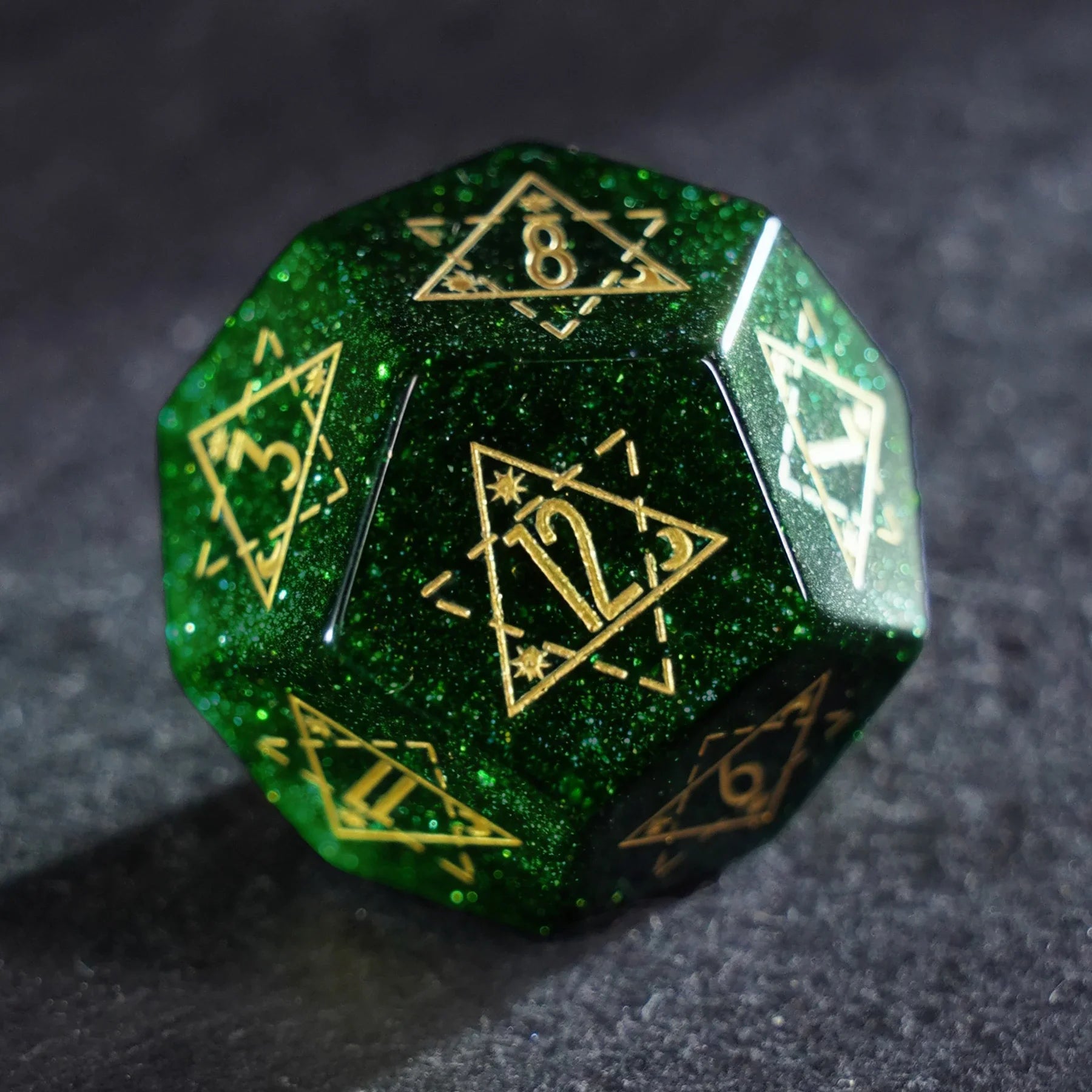 Celestial Palace · Emerald Dominion Green Goldstone Engraved Gemstone Dice Set