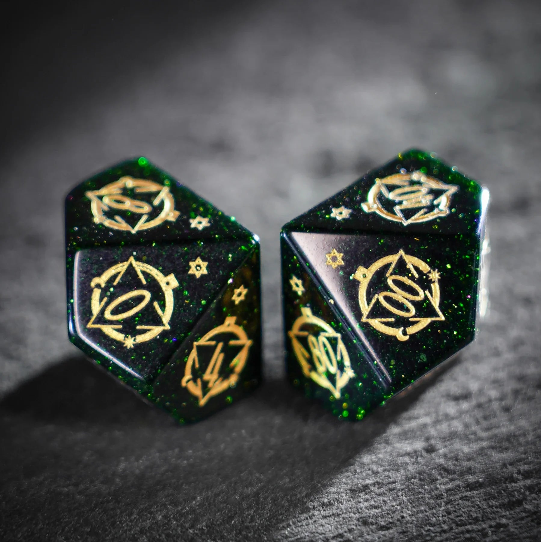 Celestial Palace · Emerald Dominion Green Goldstone Engraved Gemstone Dice Set