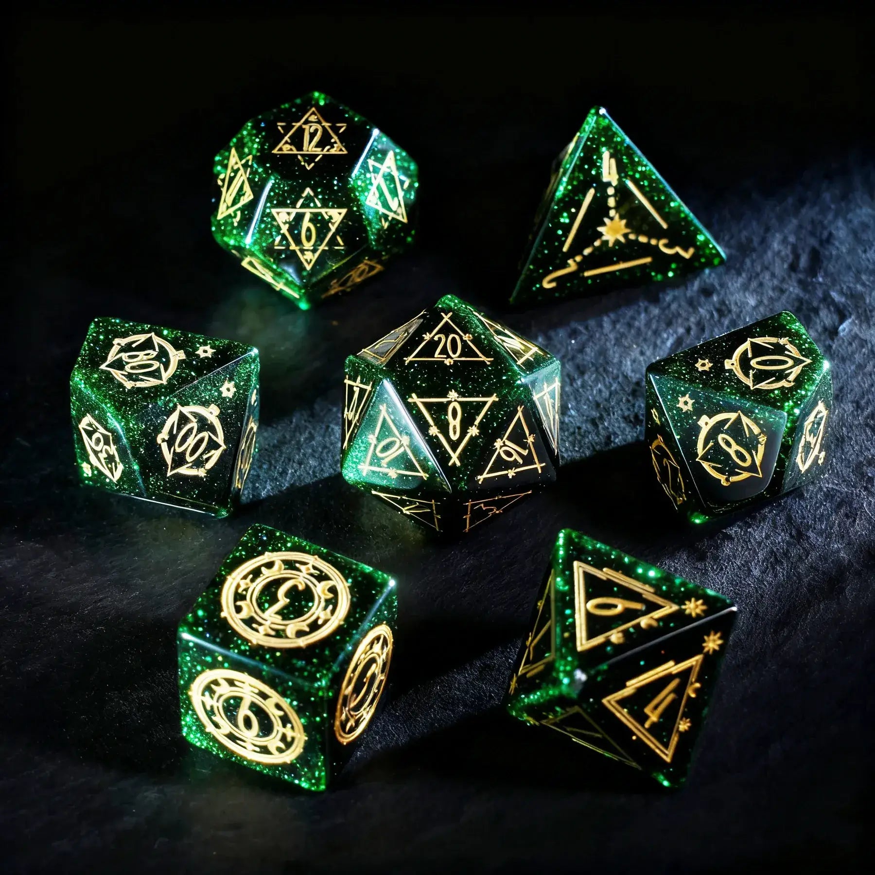 Celestial Palace · Emerald Dominion Green Goldstone Engraved Gemstone Dice Set