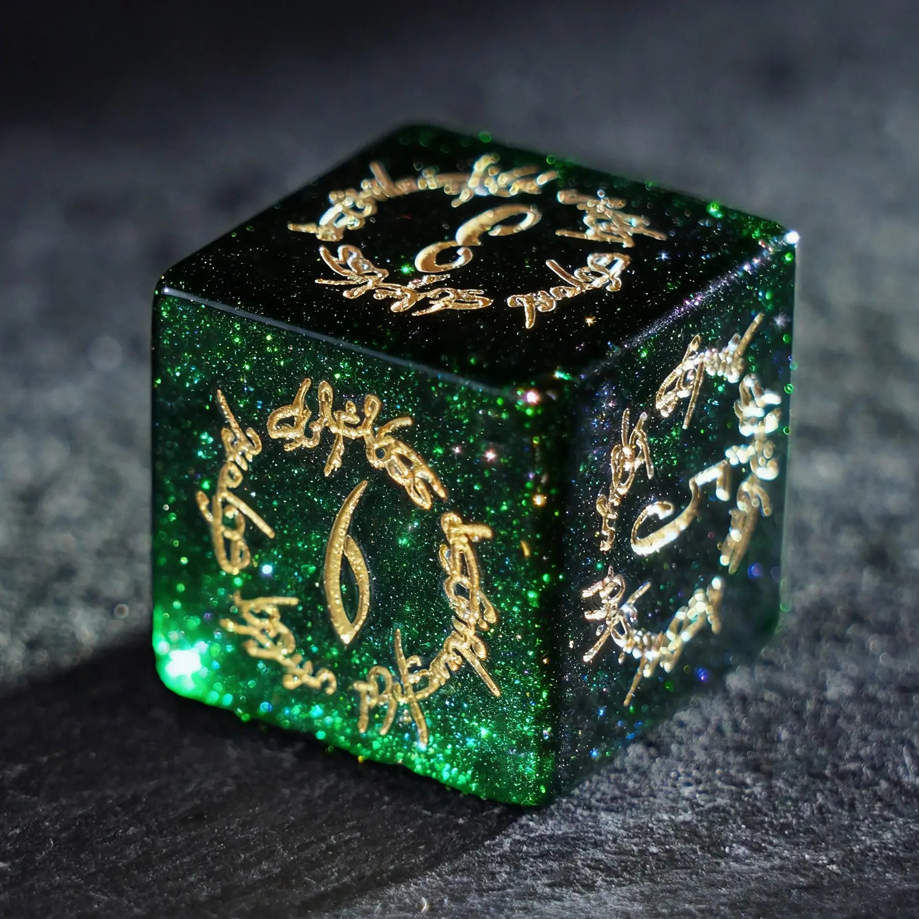 Scarlet Witch · Emerald Hex Green Goldstone Engraved Gemstone Dice Set