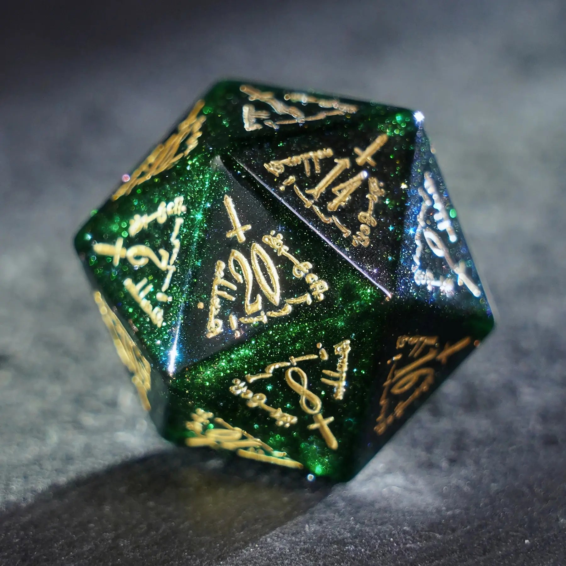 Scarlet Witch · Emerald Hex Green Goldstone Engraved Gemstone Dice Set