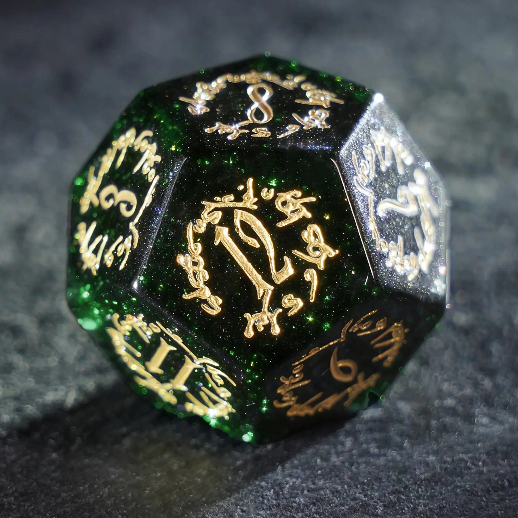 Scarlet Witch · Emerald Hex Green Goldstone Engraved Gemstone Dice Set