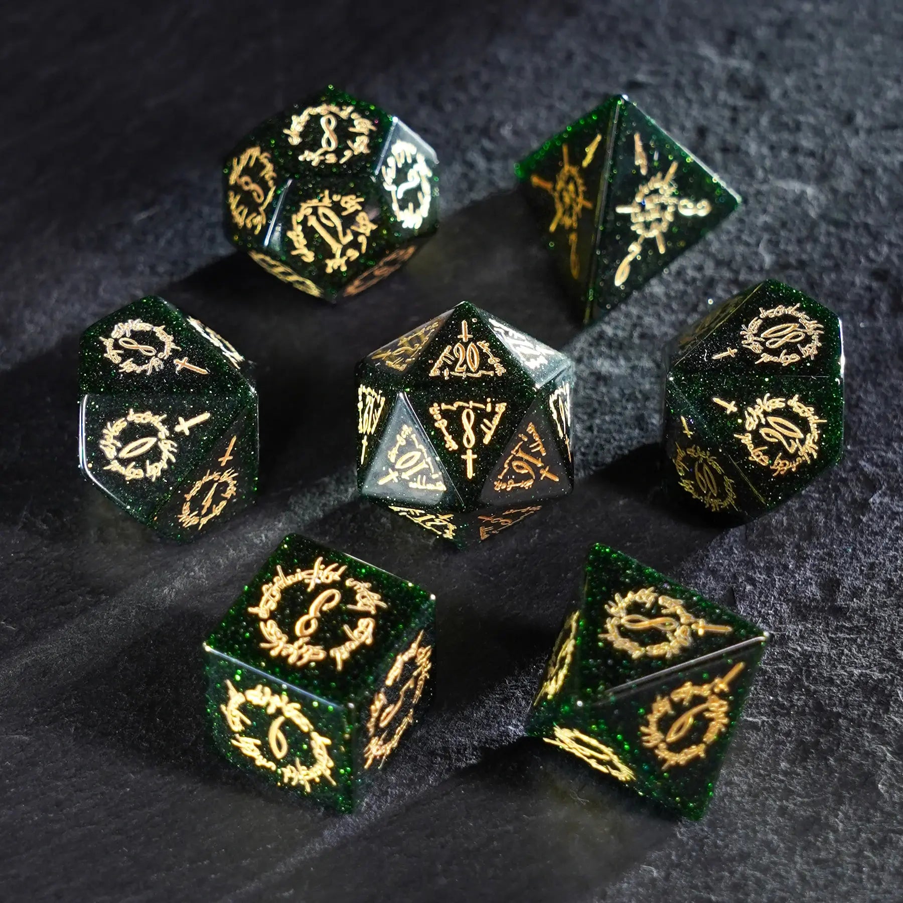Scarlet Witch · Emerald Hex Green Goldstone Engraved Gemstone Dice Set
