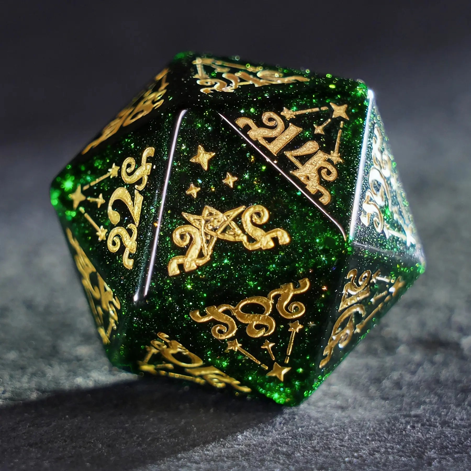Cthulhu's Touch · Emerald Abyss Green Goldstone Engraved Gemstone Dice Set