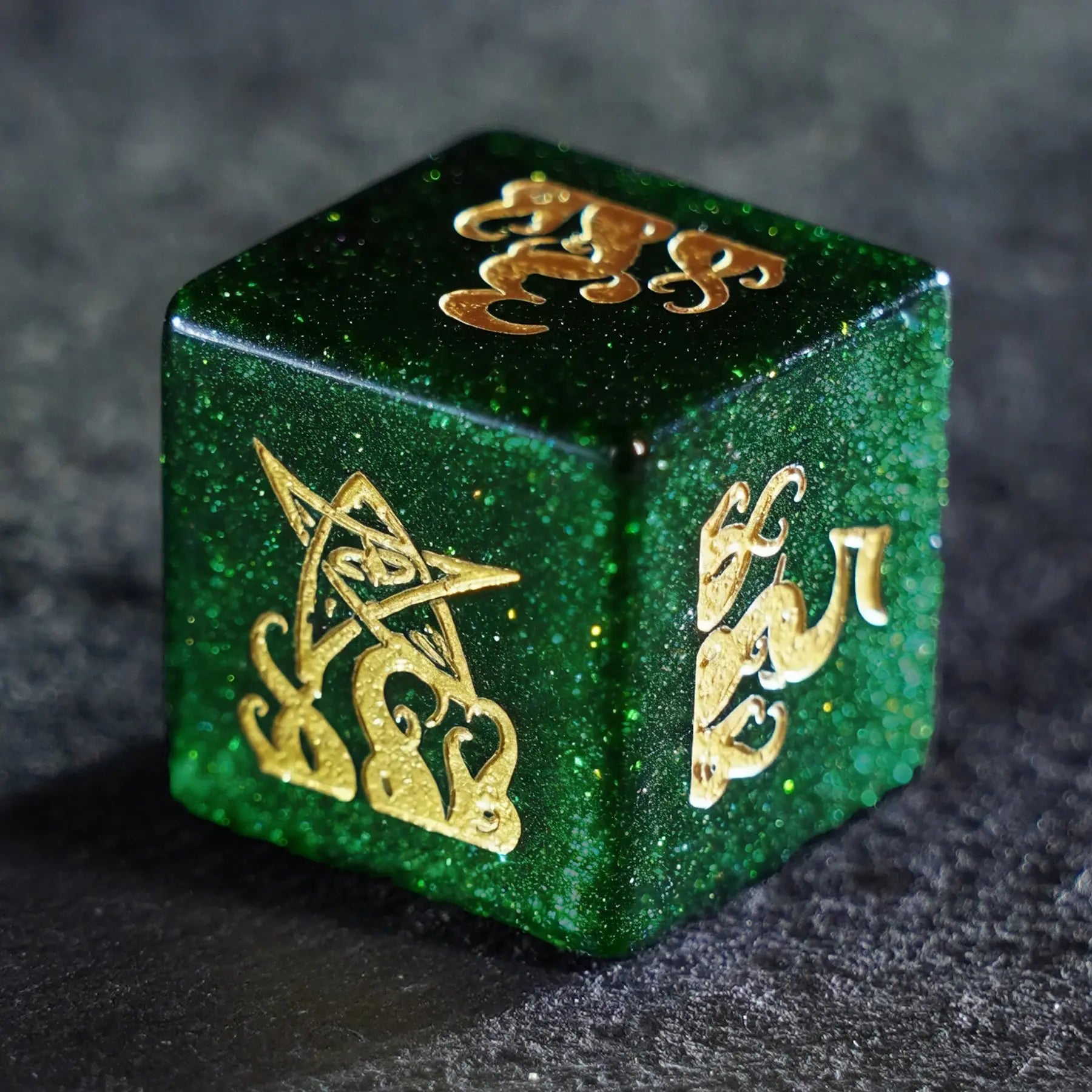 Cthulhu's Touch · Emerald Abyss Green Goldstone Engraved Gemstone Dice Set