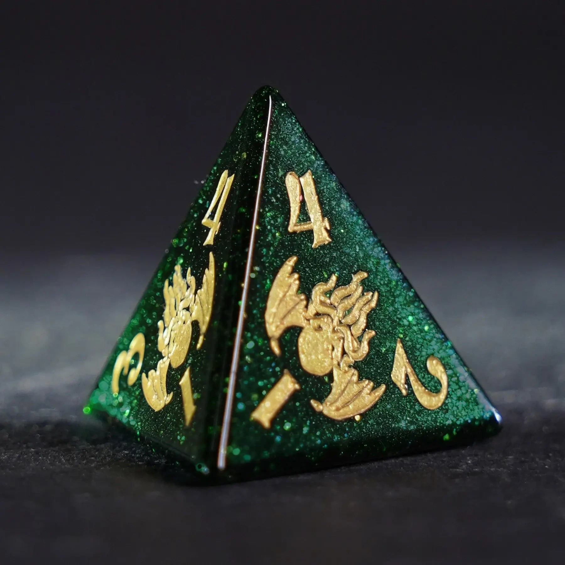 Cthulhu's Touch · Emerald Abyss Green Goldstone Engraved Gemstone Dice Set