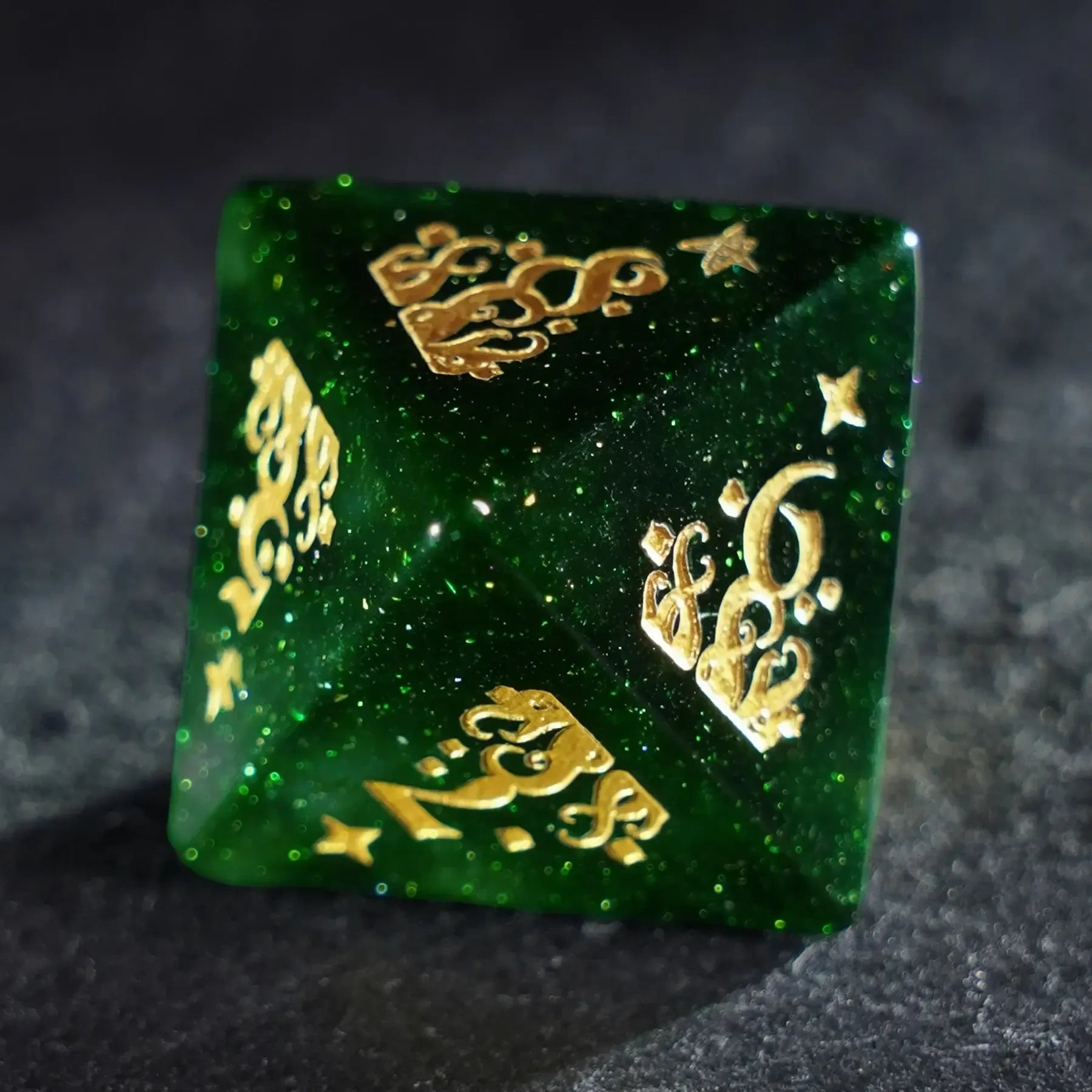 Cthulhu's Touch · Emerald Abyss Green Goldstone Engraved Gemstone Dice Set