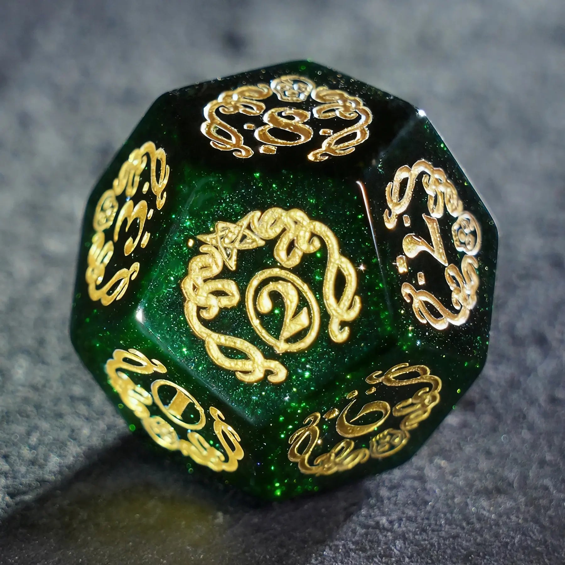 Cthulhu's Touch · Emerald Abyss Green Goldstone Engraved Gemstone Dice Set
