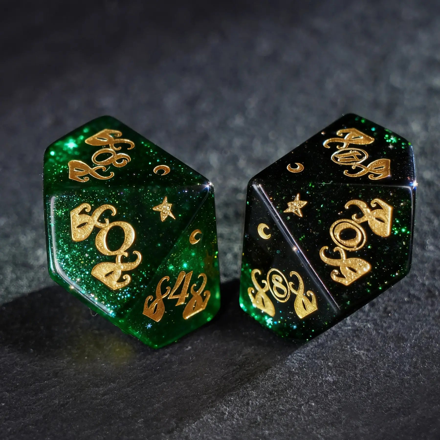 Cthulhu's Touch · Emerald Abyss Green Goldstone Engraved Gemstone Dice Set