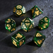 Cthulhu's Touch · Emerald Abyss Green Goldstone Engraved Gemstone Dice Set