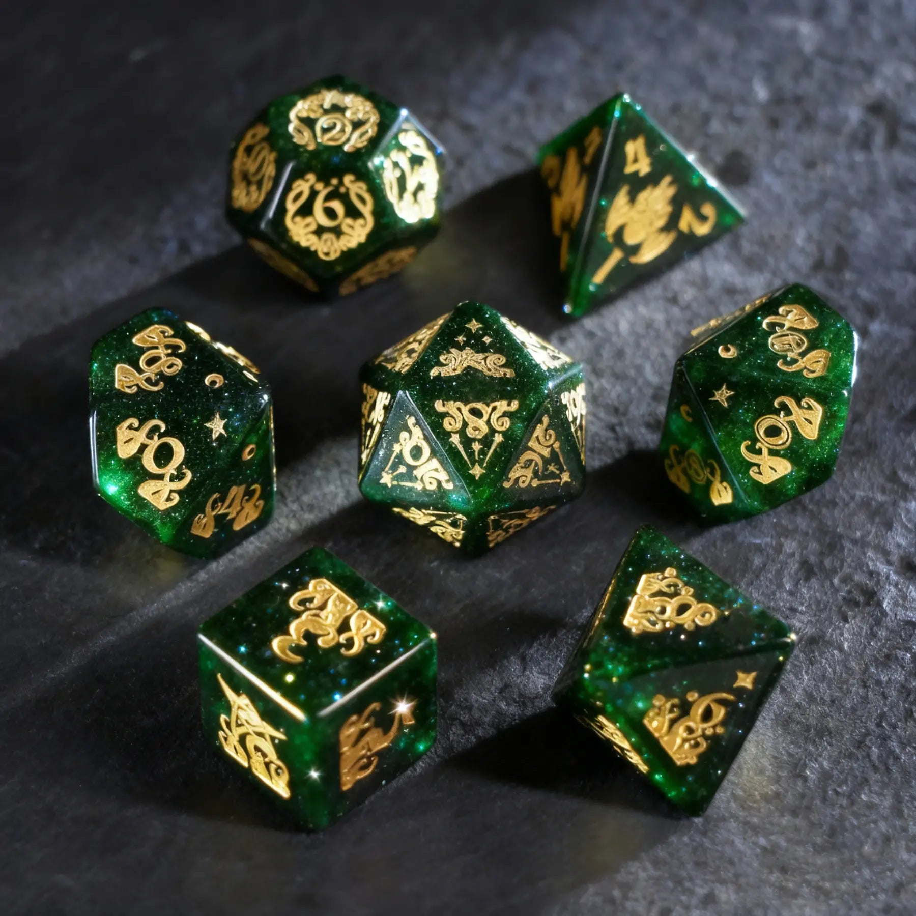 Cthulhu's Touch · Emerald Abyss Green Goldstone Engraved Gemstone Dice Set