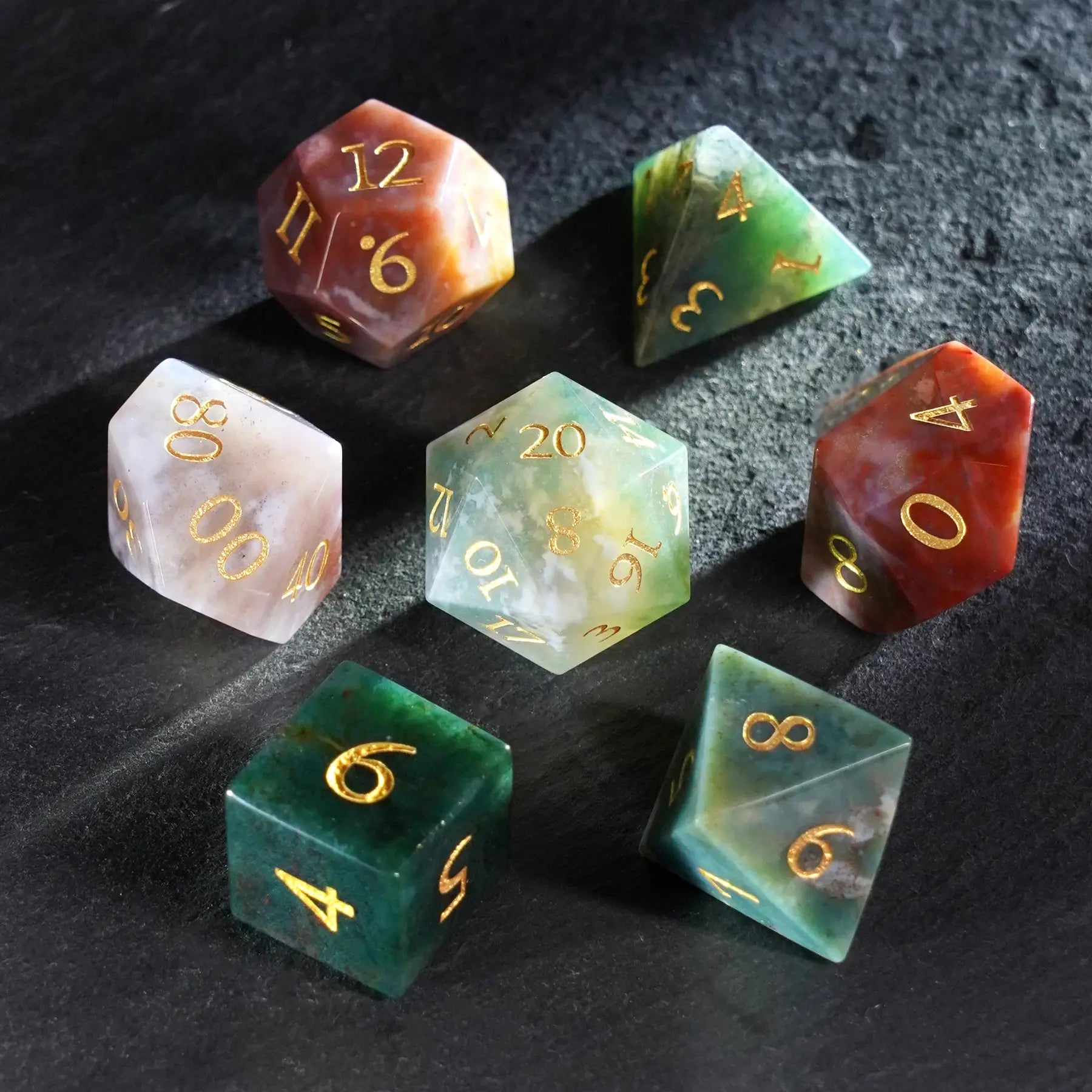Verdant Realms · Indian Agate Gemstone Dice Set