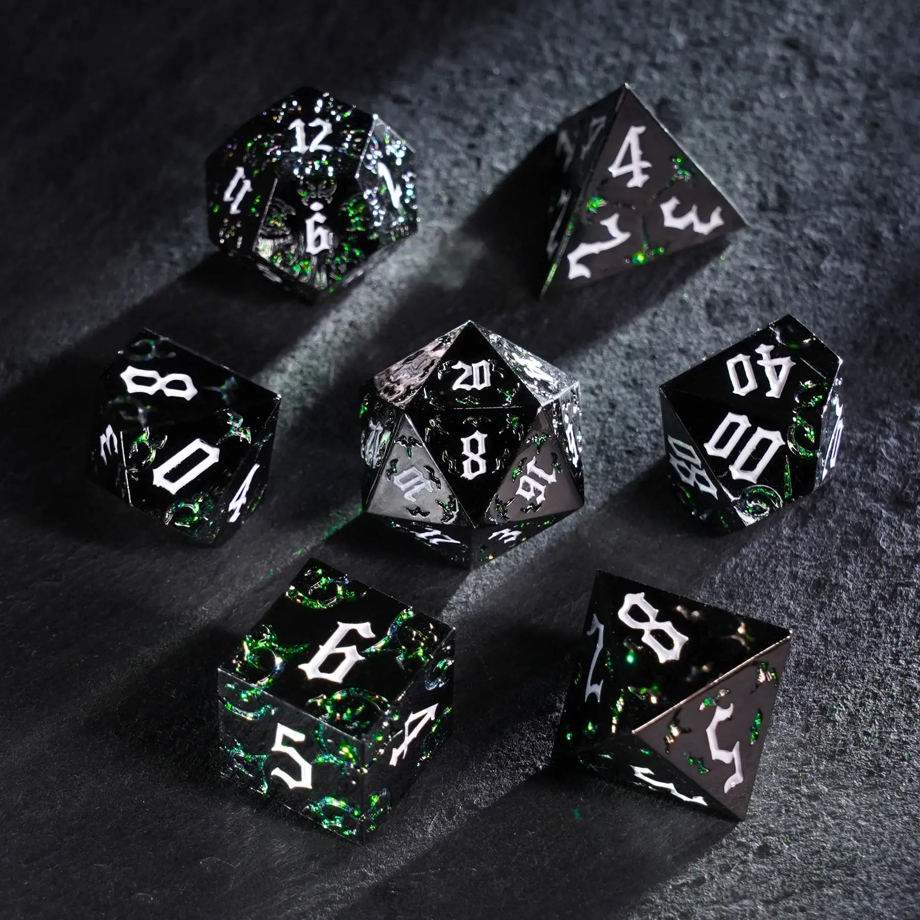 Thornbound Grove · Emerald Briar Solid Metal Dice Set