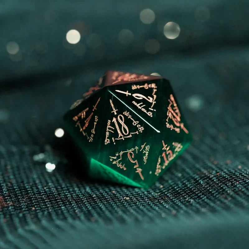 Midnight Seer · Emerald Cat’s Eye Engraved Gemstone Dice Set