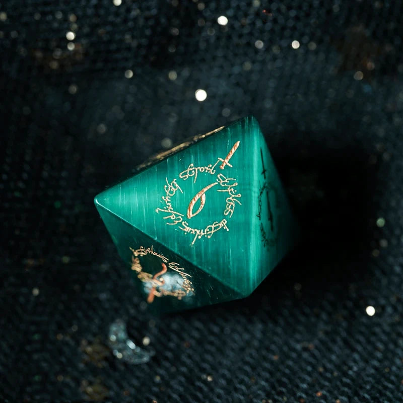 Midnight Seer · Emerald Cat’s Eye Engraved Gemstone Dice Set
