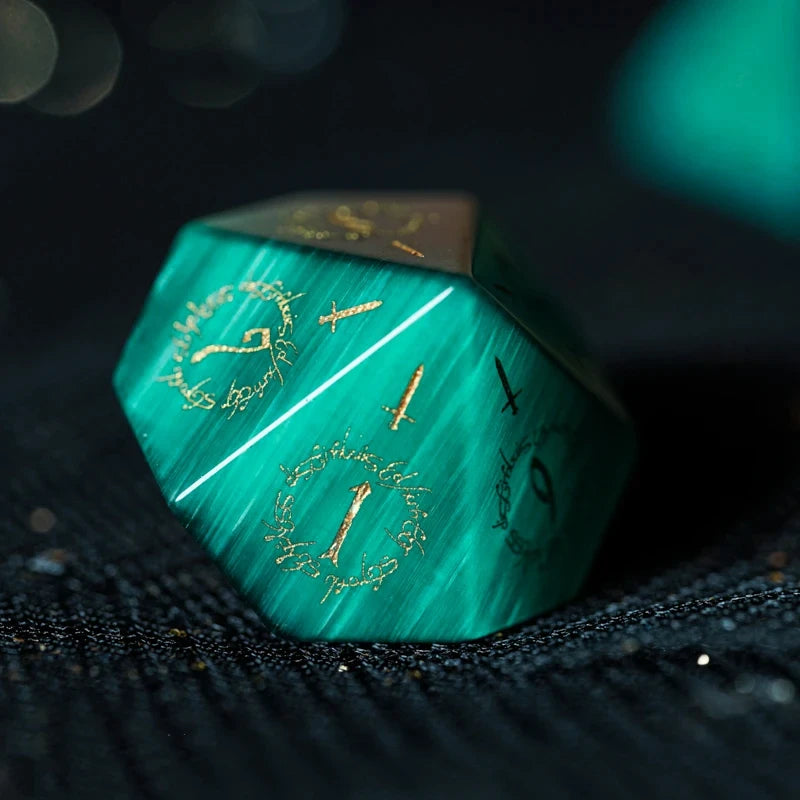 Midnight Seer · Emerald Cat’s Eye Engraved Gemstone Dice Set