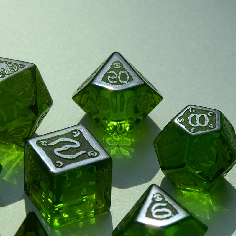 DragonStone D&D Cthulhu Peridot Deep Carved Dice Set