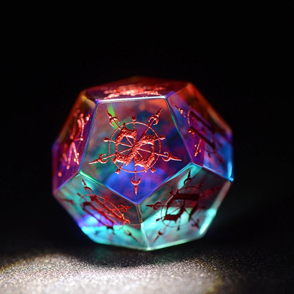 Moon Magic Sigil K9 Engraved Dichroic Prism Glass Dice Set